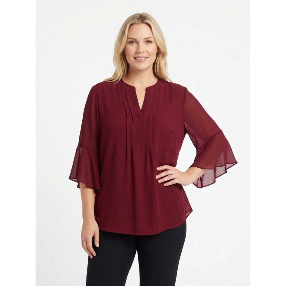 Timeson Chiffon Top Blouse Xl Burgandy Split  V-Neck Sheer Bell Sleeve Pintucks
